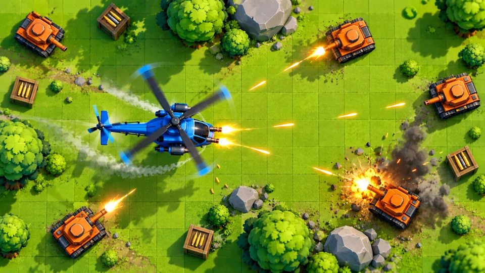 Blue helicopter battling orange tanks in a green grid arena
